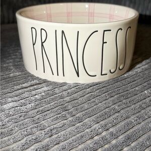 Rae Dunn White Ceramic Pet Bowl - PRINCESS- With pink plaid interior- New